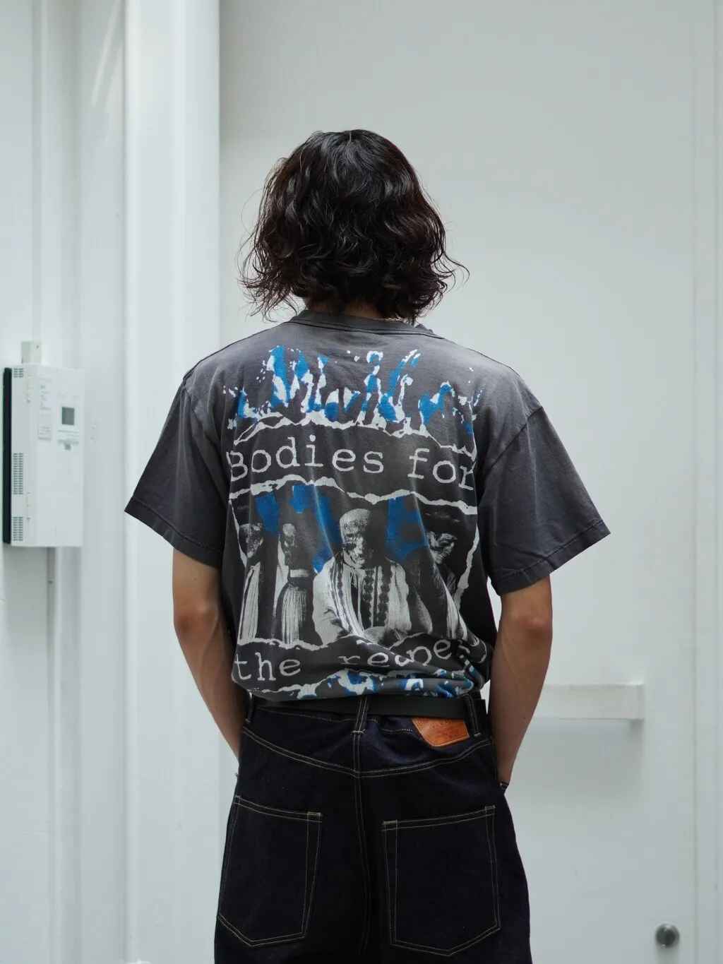SAINT MICHAEL SS TEE/B FOR REAPER Jesus Hell's Angels Washed and Distressed Short Sleeves Washed Black S-XL Garment Dyed Printed Washed and Distressed